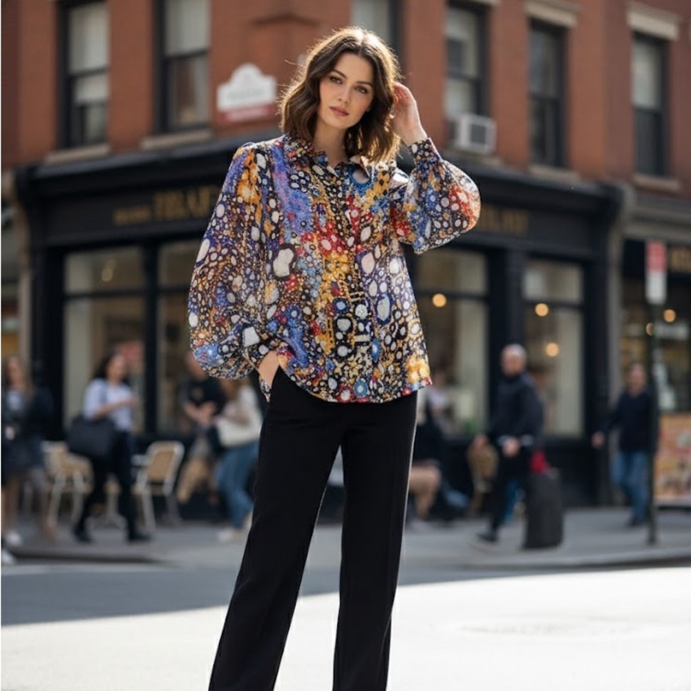 NWOT Saaksha & Kinni Mirror Print Sheer Blouse with Balloon Sleeves size L